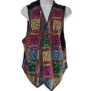 Vintage 90s Vest Womens Size Large Black Rainbow Sequins Sparkle Eras